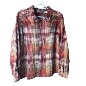 Dressbarn Women 2X Plaid Waffle Knit Zip Front Jacket Shirt Red Brown Cotton